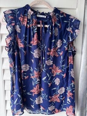 Notations Navy Floral Tie-Neck Ruffle Sleeve Blouse